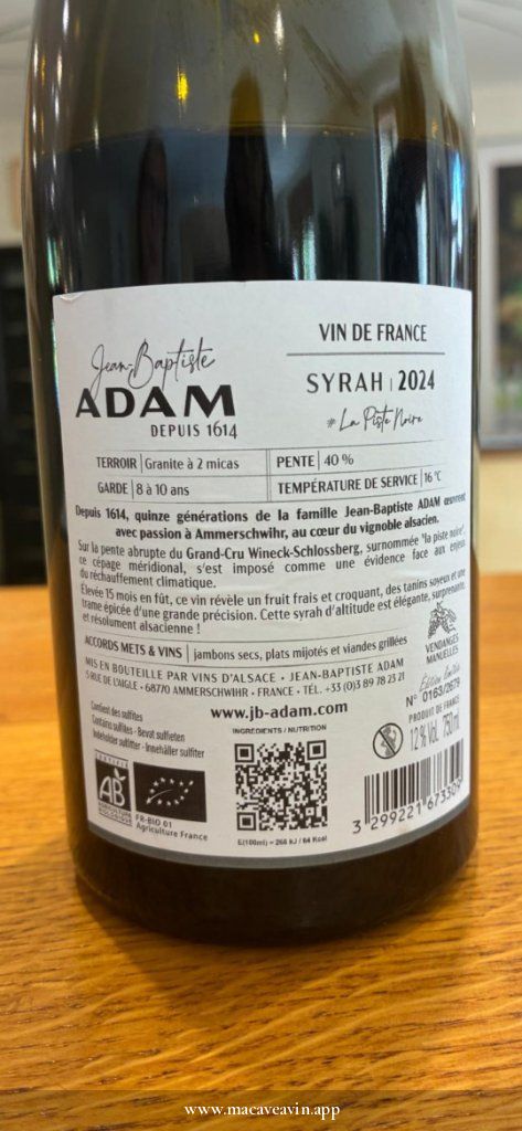 Étiquette de Syrah La Piste Noire, Domaine Jean-Baptiste Adam