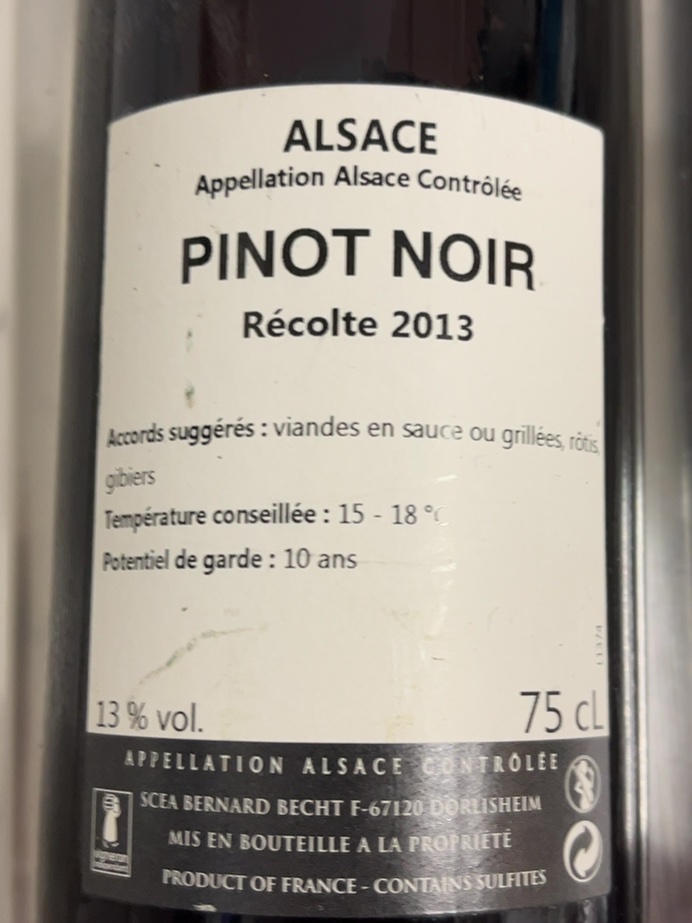 Étiquette de Pinot Noir EXCEPTION, Domaine Bernard Becht