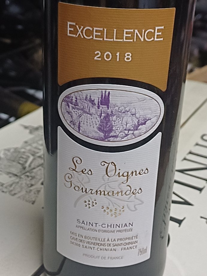 Étiquette de Excellence Les Vignes Gourmandes, Cave des Vignerons de Saint-Chinian