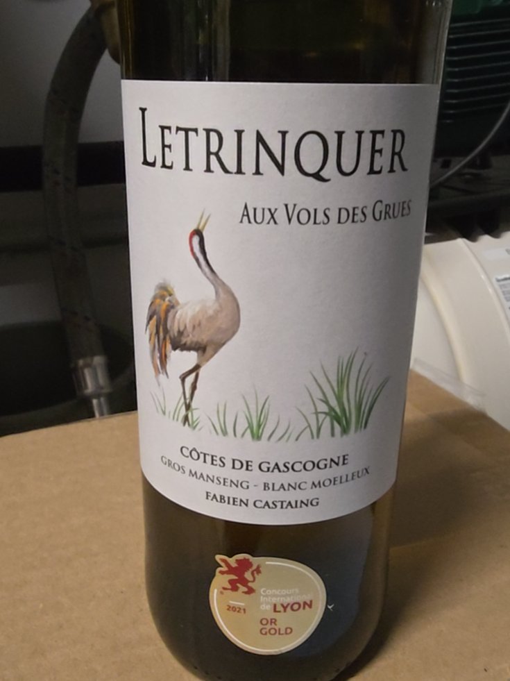 Étiquette de Letrinquer Aux Vols des Grues, Vignobles Fabien Castaing