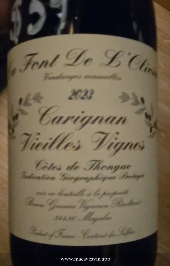 Étiquette de Carignan Vieilles Vignes, Domaine La Font de l'Olivier