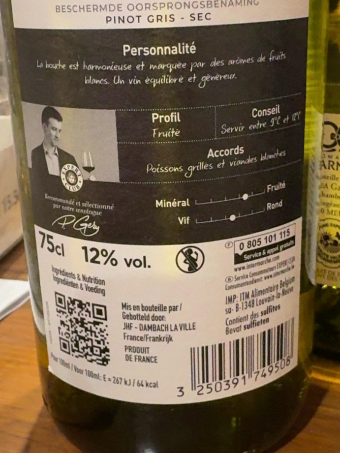Étiquette de Pinot Gris Expert Club, J. Hauller et Fils