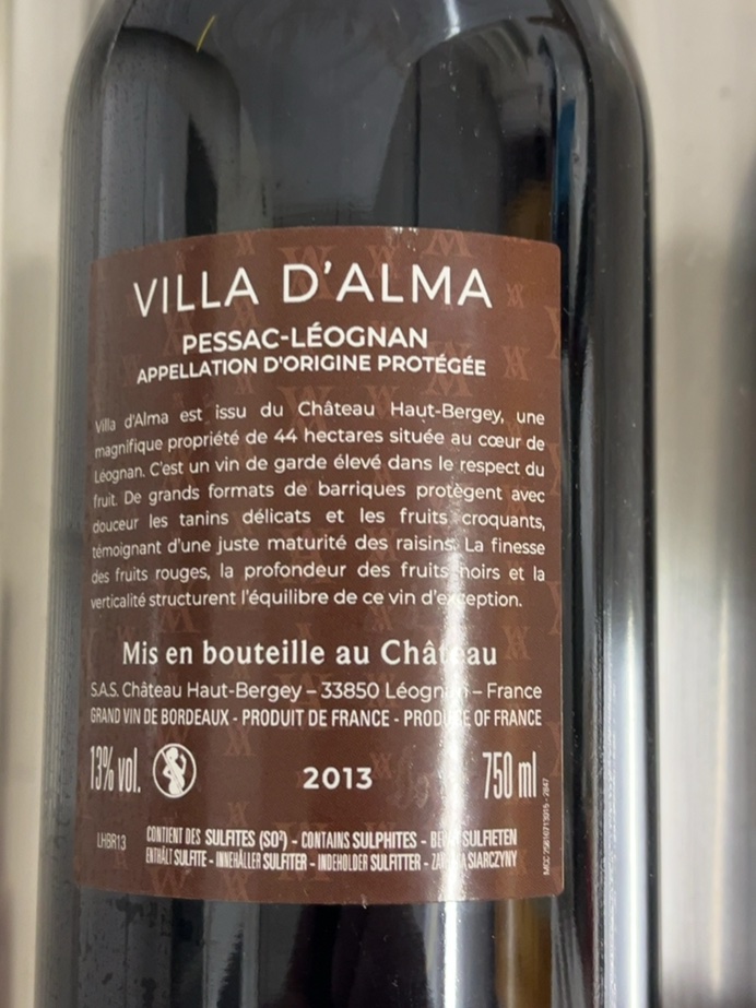 Étiquette de Villa d’Alma, Château Haut-Bergey