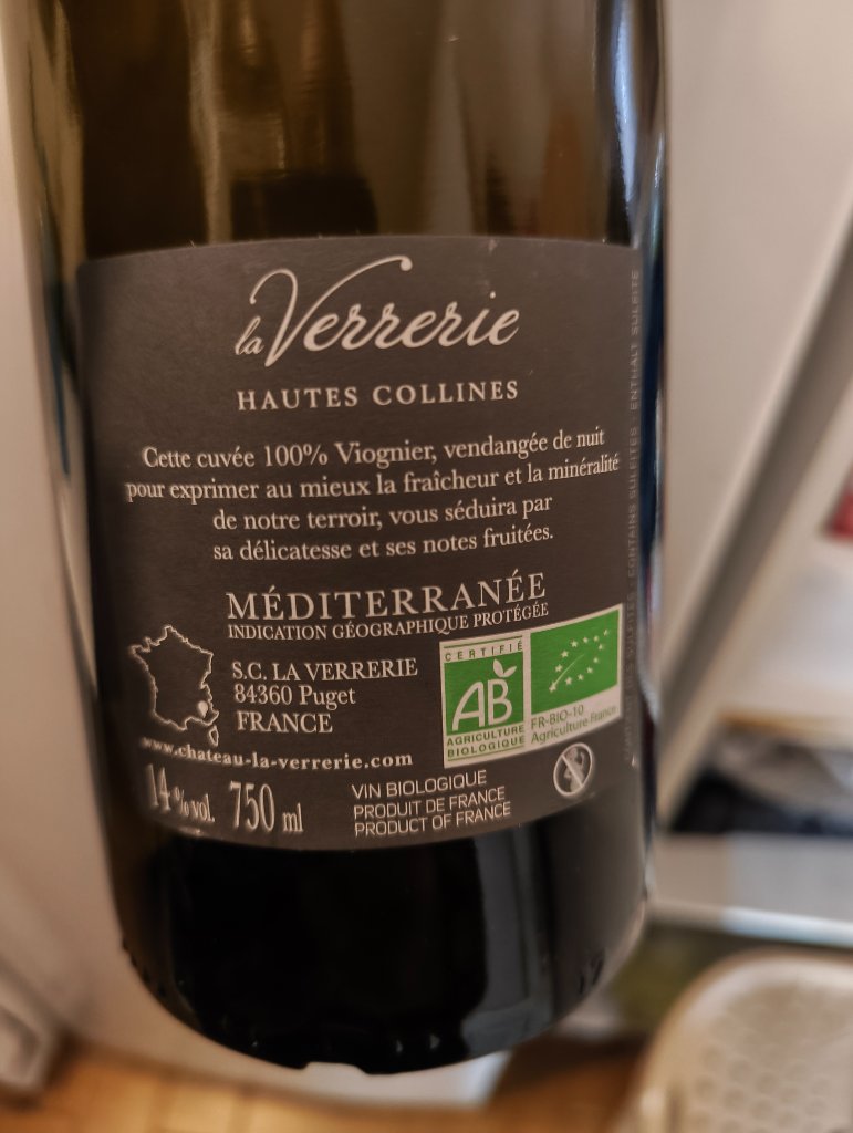 Étiquette de Hautes Collines Viognier, Château La Verrerie